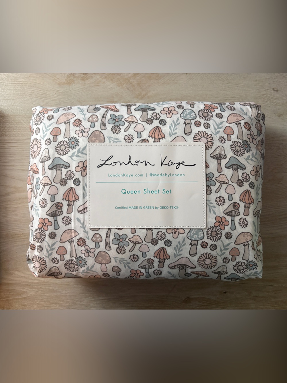 London Kaye Queen Sheet Set in Floral Mushroom Print - Cream, Pink & Blue